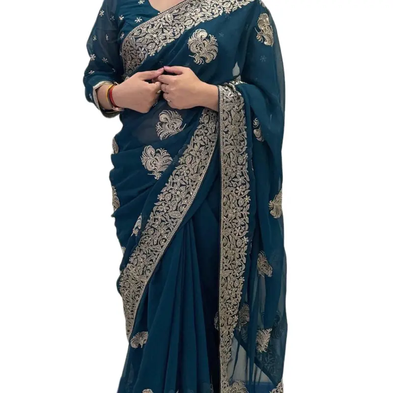 Till Blue Saree Blouse with Excellent Embroidery Work for Women's Traditional Dress