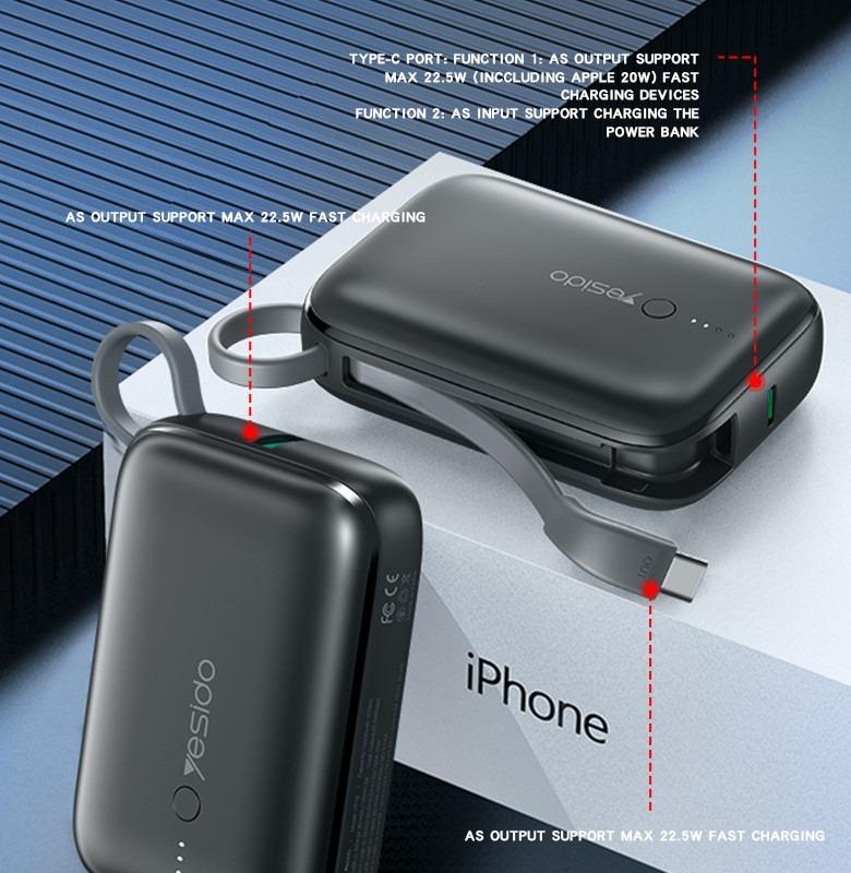 YESIDO YP18 22.5W Mini PD 20W LED Fast Charging 10000mAh Power Bank for Phone Accessories Cable Compact Portable Smartphone Devices Charger Chargeable 5