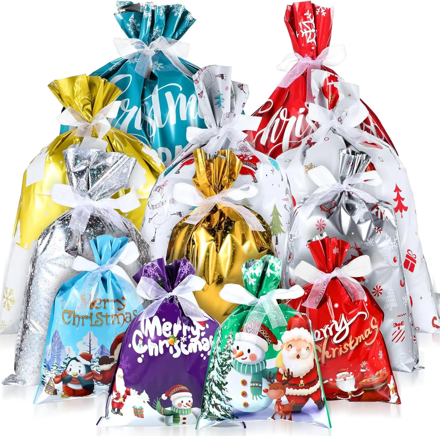 Gift Bags for Christmas, 12 Pcs Reusable Christmas Foil Gift Bags with Ribbons Assorted Sizes Santa Wrapping Bag for Christmas Holiday Presents Party Favor Bags