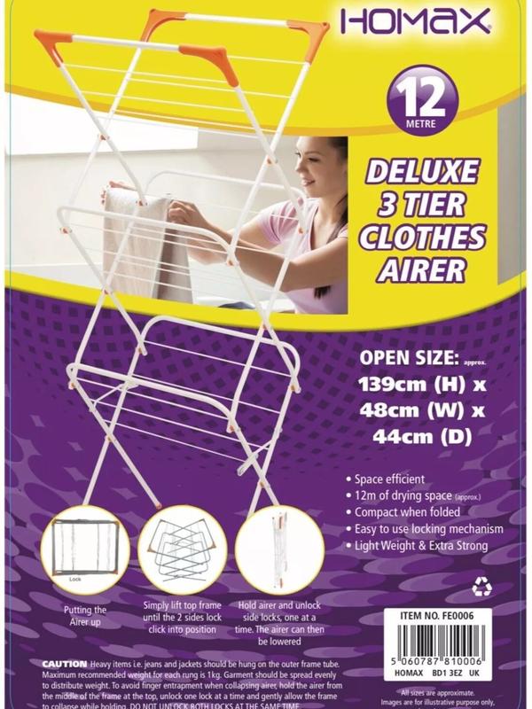 3 Tier Airer Clothe Drying Rack Clothe Horse Indoor & Outdoor Non Slip 12M/ 14M 5