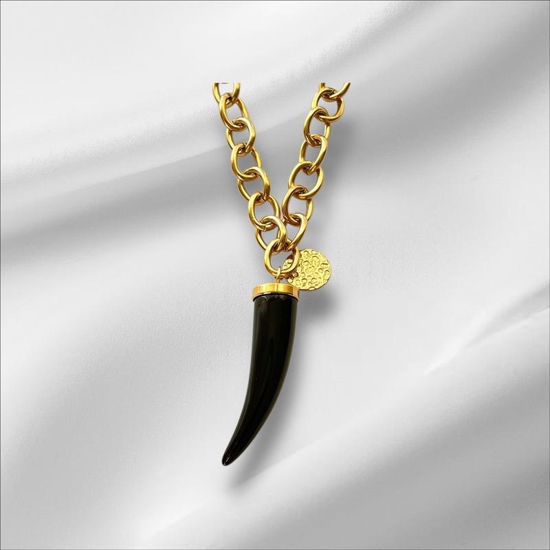 Black Stone Tusk Pendant with Chain - 4K Gold Plated 0