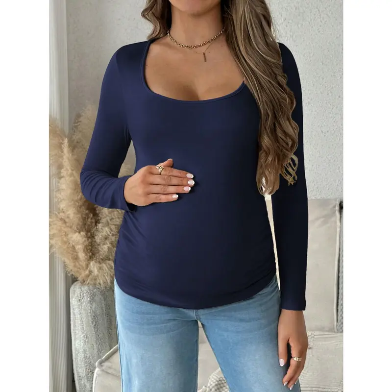 Maternity Solid Color Long Sleeve Casual Ruched T-Shirt, Everyday Wear 2