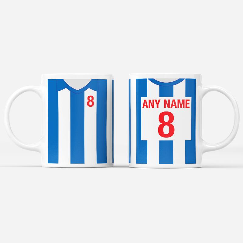Personalised Brighton & Hove Retro Football Style Coffee Mug + Coaster - A Perfect gift for Eid, Birthday, Anniversary, Love, Office, Work, Friends, Football Fan, Christmas, Secret Santa, Bespoke, Custom Ceramic Drinkware 0