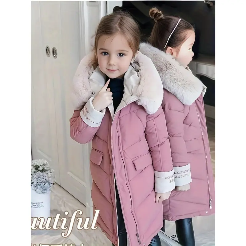 Girls Trendy Furry Hooded Collar Long Polyester-Padded Jacket, Mid-length Kids Winter Clothes 5