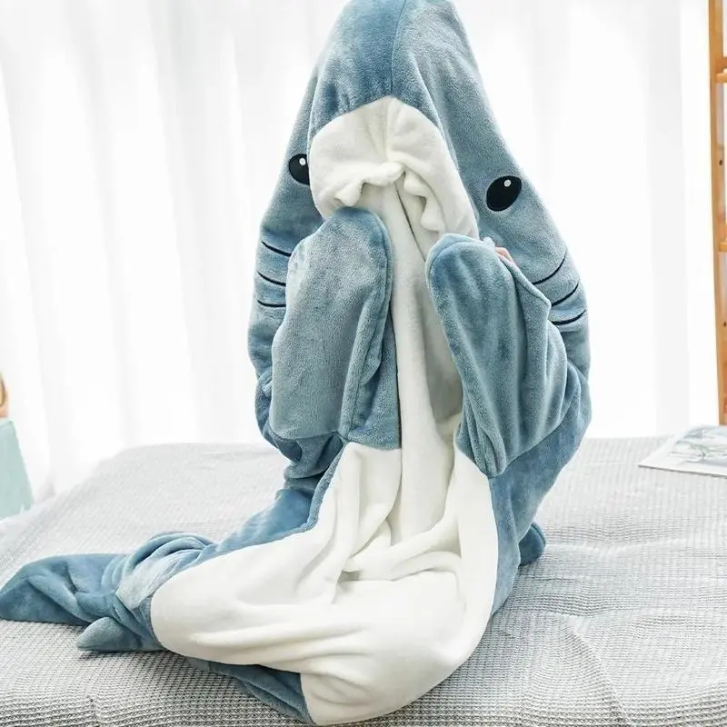 Shark Blanket Adult Cartoon Sleeping Bag Pajama Hooded Warm Flannel Funny Homewear Shark Onesie Sleeping Bag Winter Warm Blanket Loungewear Nightwear 4