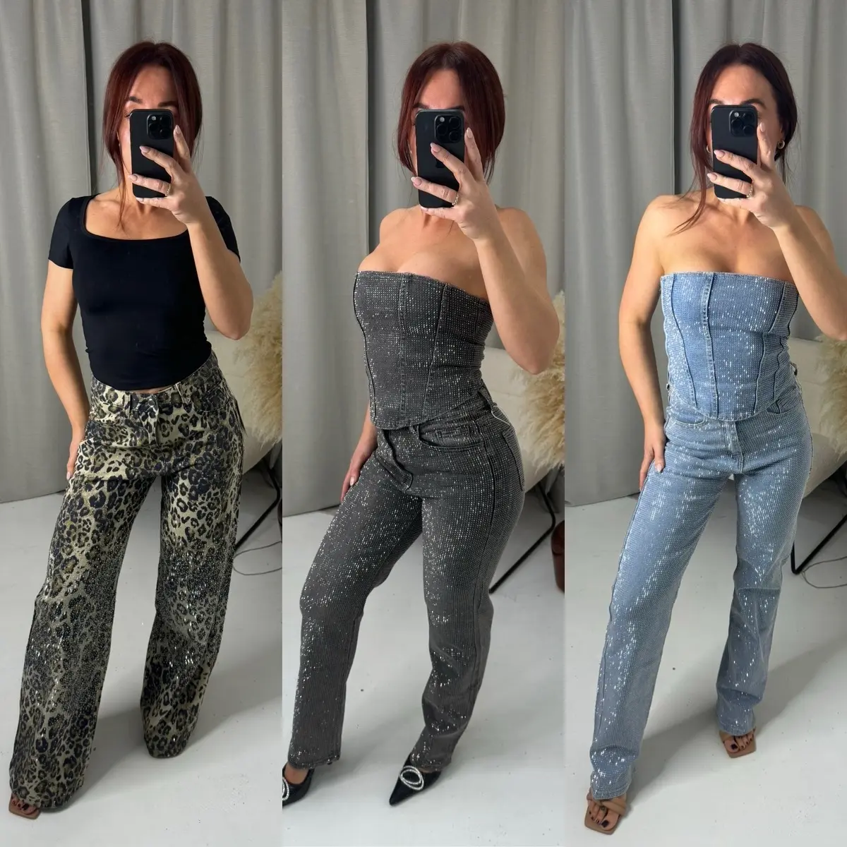 Diamonte Rhinestone Jeans High Waist Christmas Party Trousers - A1089/046 Womenswear Bottom Pants Comfort Basic Dark Grey Denim Minimalist Streetwear