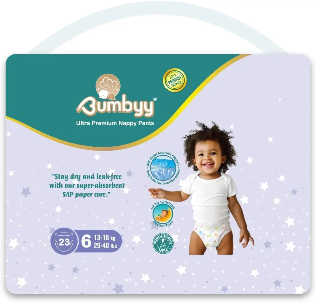 Bumbyy Premium Nappy Pants - Baby Nappies Size 6 (13-18kg) with Ultra-Absorbent SAP Core - Chemical Free, Hypoallergenic and dermatologically Tested Soft & Thin Pull ups for Sensitive Skin - 23 Count