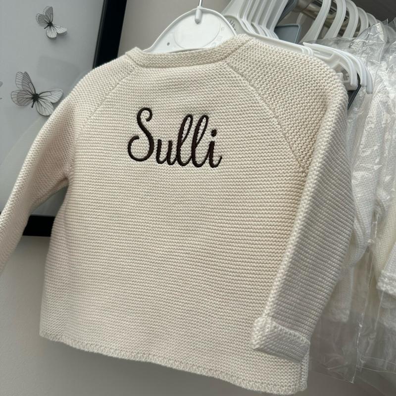 Girls Beige Cardigan with Embroidered Name, Personalised. baby clothes 0