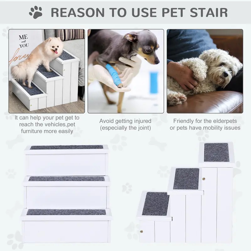 White Wooden Pet Stairs, 3-Step, 40.5x44.5x38cm 4