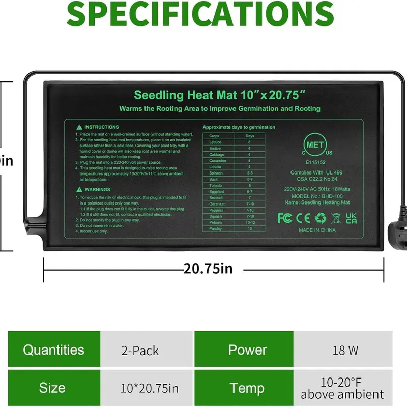 Seedling Heat Mat 10 x 20.75 in 2 Pack,Waterproof Heat Mat for Seed Starting,Plant Heating Mats for Seedling Germination,Hydroponic Plant,Reptile 1