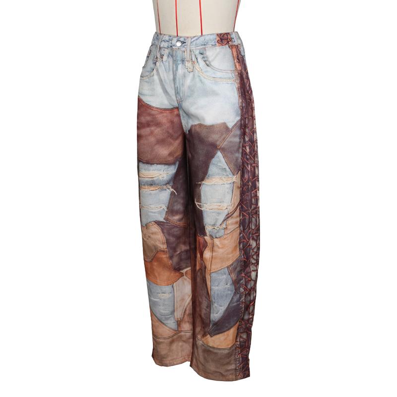 Product Introduction of Leosoxs Women Denim Pants Spring Casual Leather 3D Printed Wide Leg Pants Streetwear Lady Loose Straight-Leg Jeans Trousers 2