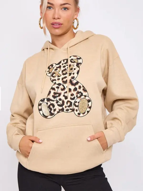 Women's Casual Oversized Leopard Print Teddy Graphic Hoodie Sweatshirt Jumper, Everyday Wear, Casual Wear 5