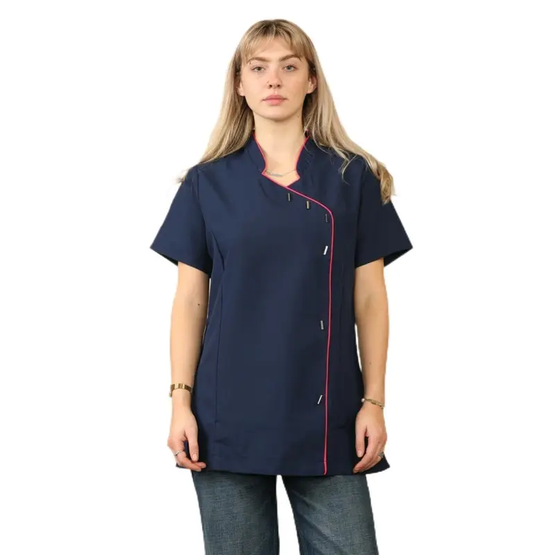 LIZZIE JACOBS Beauty Tunic Hairdressing Spa Massage Therapist Health Work Nail Salon Uniform Beautician Tunic Women Work Wear Short Sleeve Ladies Top (Navy With Pink Trim, 14) 0