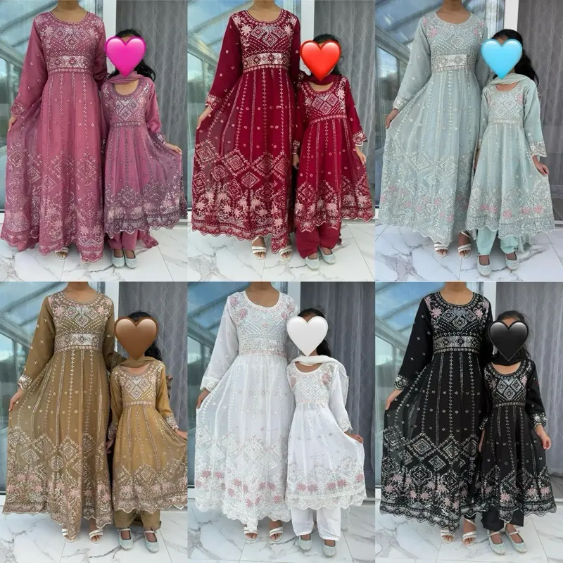 MOTHER AND DAUGHTER - Embroidered chiffon dress with chiffon dupatta and straight trousers - Womenswear - Partywear