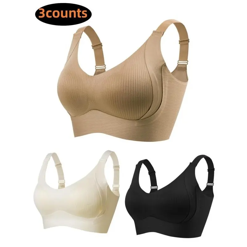 Women's Solid Four-breasted Adjustable Wireless Bra, Soft Comfortable Breathable Ribbed Push Up Seamless Bra, Womenswear Lingerie for All Seasons Valentine's Day, gift