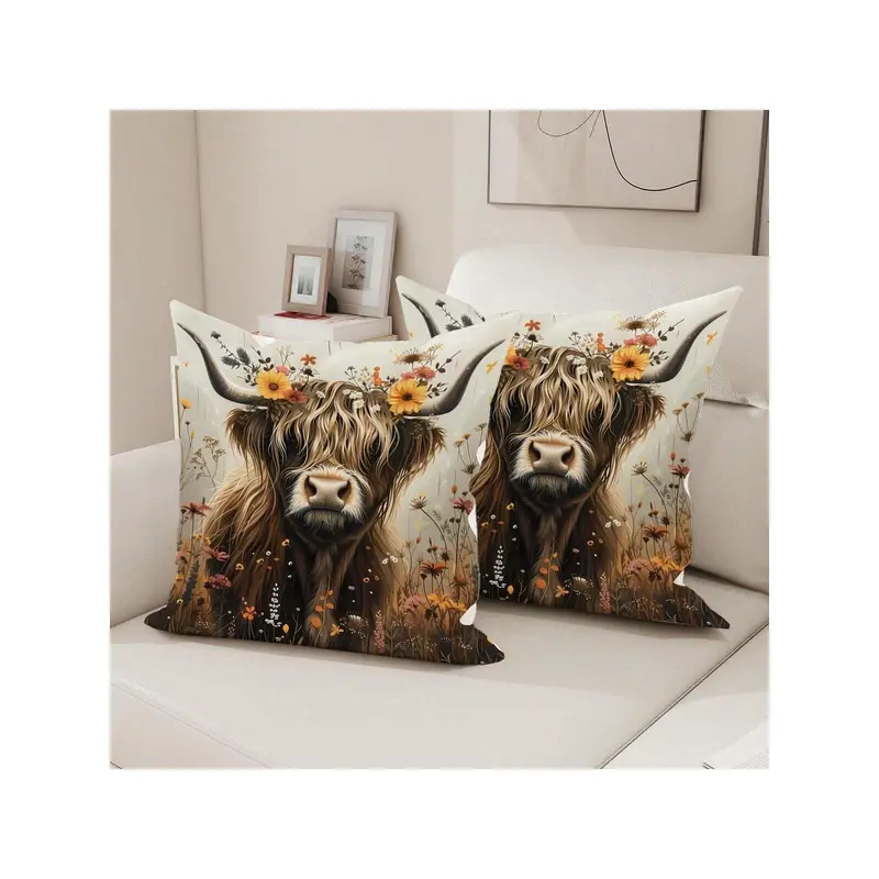 2PCS Highland Cow Botanical Flower Brown Polyester Throw Pillow Covers, Farmhouse Animal Rustic Nature Pillow Covers, Decorative Cushion Covers 45*45Cm/18 "X18", For Living Room Bedroom Sofa Bed Decoration 2