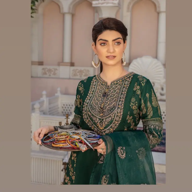 Beautiful Party Wear Embroidered & Digital Print 3pc Suit With Printed Gharara & Embroidered Net Dupatta 2