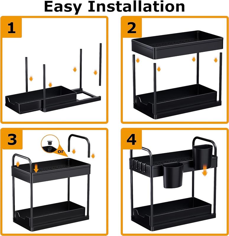 Under Sink Storage Kitchen Organiser, 2 Tier Sliding Kitchen Storage Shelf, Multi-Purpose Organisation for Kitchen Bathroom, Bottom Slide Out Basket Black - Racks Hanging Cabinet Drawer Installation Hangable Hanging Cabinet Multicolor 2