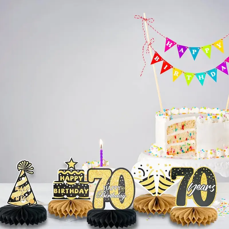 9Pcs 70th Happy Birthday Centerpieces, Black and Gold Happy Birthday Decorations, Happy Birthday Table Toppers for Men and Women, 70 Years Birthday Party Supplies (70 Years) Glass Sticker 1