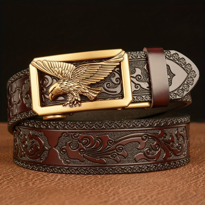 Product Introduction of 1PC Carved Cowhide Men's Autobuckle Belt, Vintage Style, Suitable for Casual & Business Wear, Great Gift for Husband and Father 1