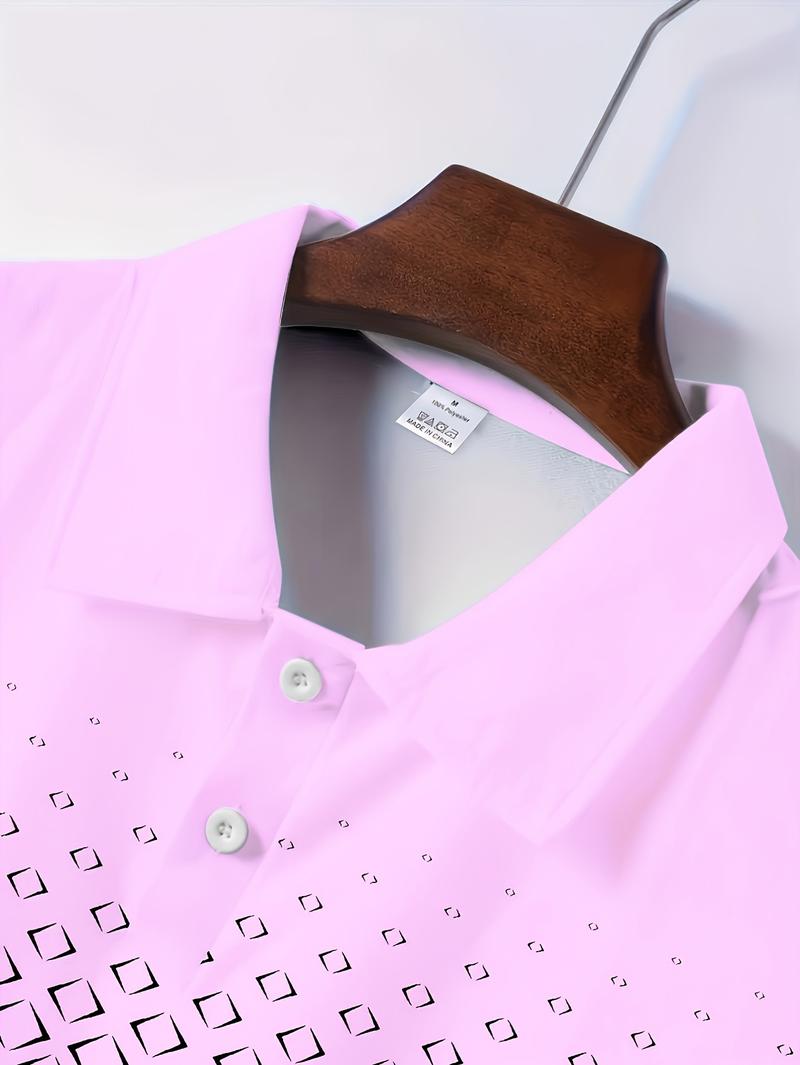 Product Introduction of Men'S Casual Short Sleeve Lapel Collar Shirt with Diamond Print, 100% Polyester Knit Fabric, Slight Stretch, Regular Fit, Spring/Fall Lapel Collar with Button Detail 13