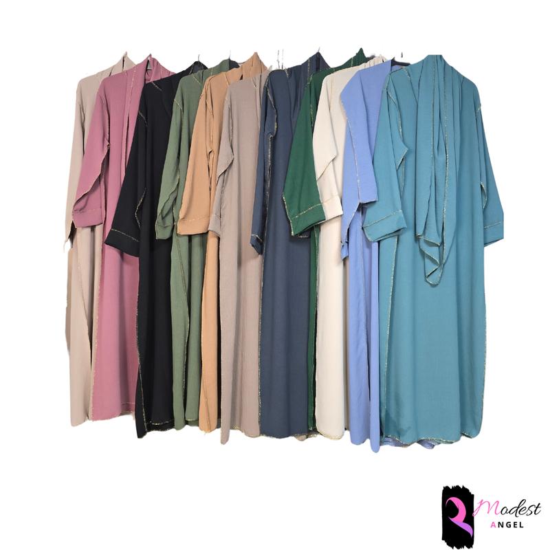 Gold stitch abaya maxi dress attached scarf in 12 colors beige pink dark turquoise black olive green caramel sapphire blue brown grey dark grey bottle green cream light cobalt blue modest islam comfort muslim clothing islamic clothing long sleeve solid mi 1