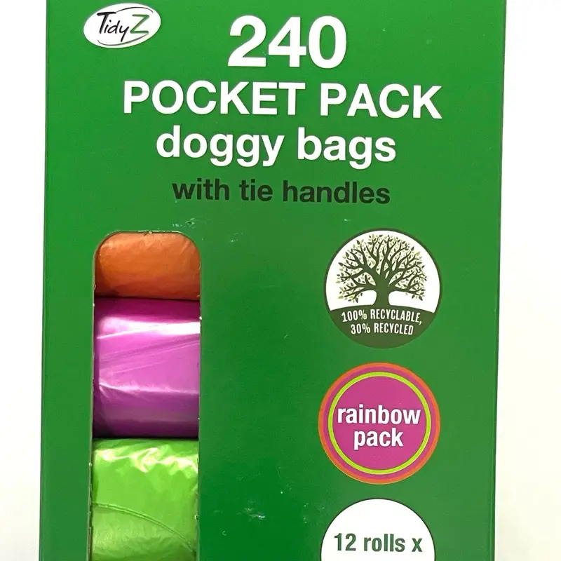 Tidyz Pocket Rainbow Assorted Colour Tie Handle Dog Poo Bag - 240 Packs pet wipes poop bags