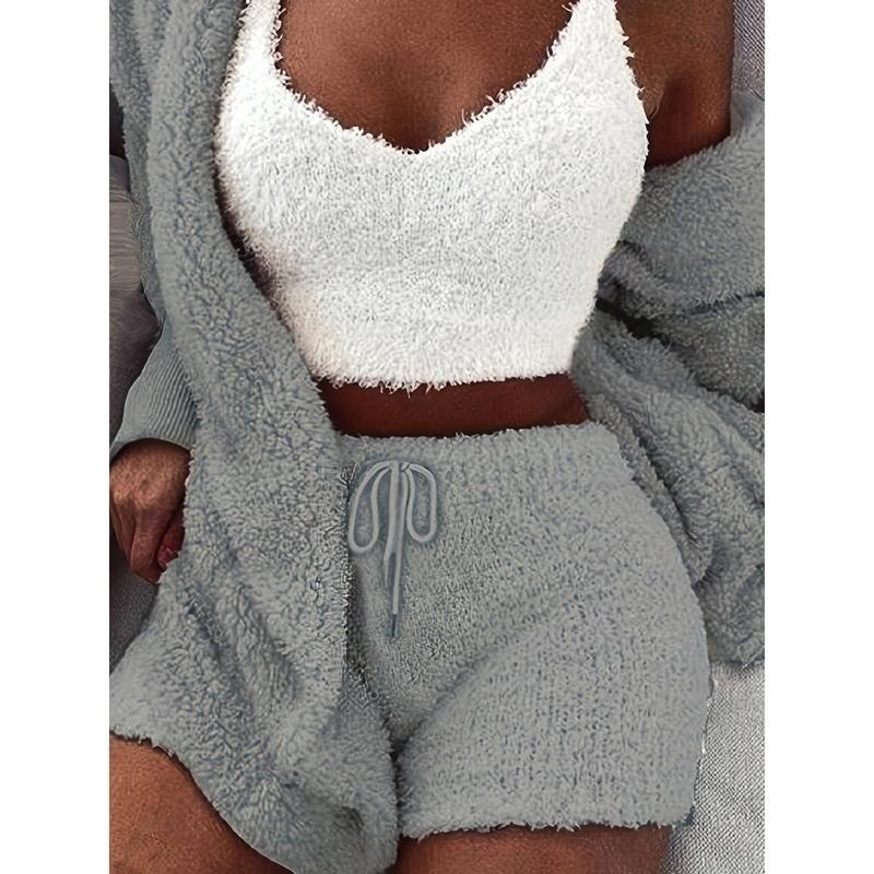 【2025】Warm Fuzzy Pajama Set, Long Sleeve Hooded Robe & Tank Top & Drawstring Shorts, Women's Sleepwear & Loungewear 0