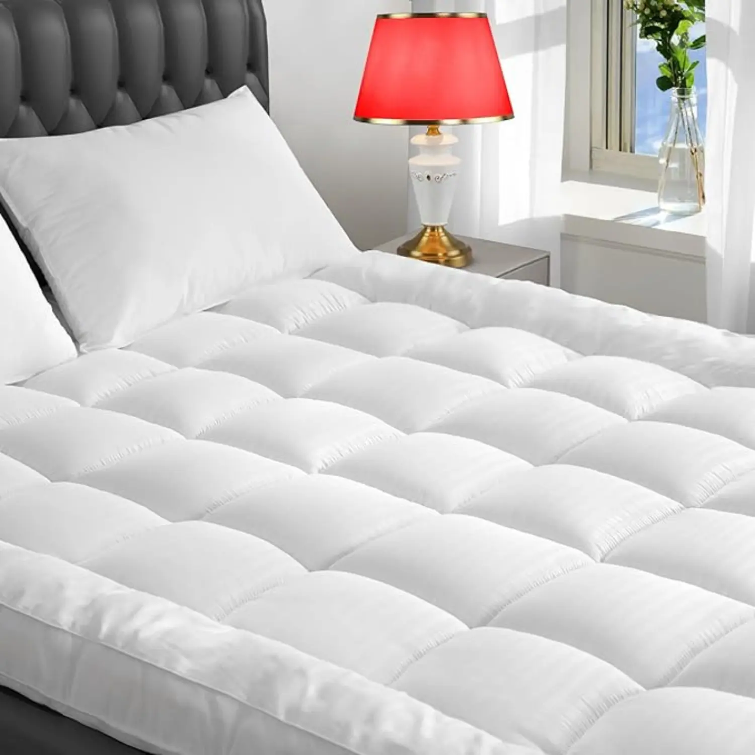 Extra Thick Mattress Topper 10cm Deep Hotel Quality Thickness With Elasticized Corners | Soft & Comfy Box Stitched Hotel Quality Breathable Noiseless Washable Anti Slip Fluffy Mattress Topper Supersoft Heavy Fill-Stitched and Elasticated Corner Strap uk
