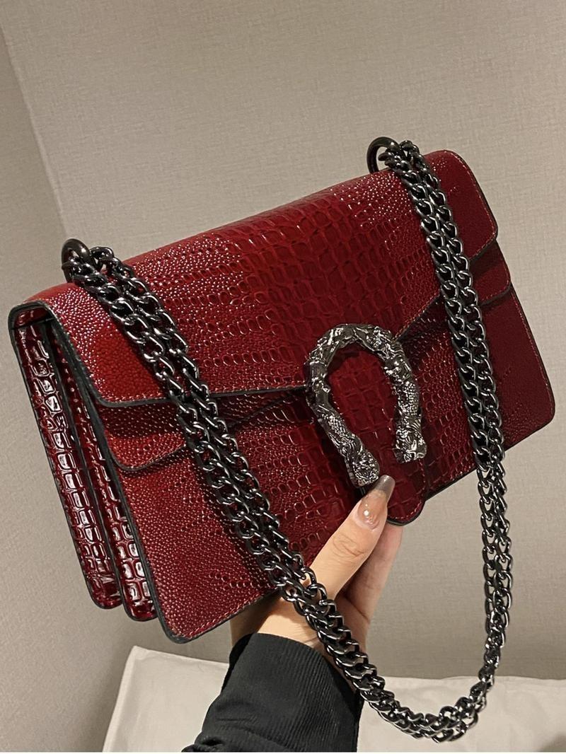 Product Introduction of Women's Elegant Crocodile Embossed Square Bag, Fashionable Chain Strap Shoulder Bag for Daily Used, Casual Trendy Versatile High-quality Daily Commuting Bag handbag  women designer  handbags 11