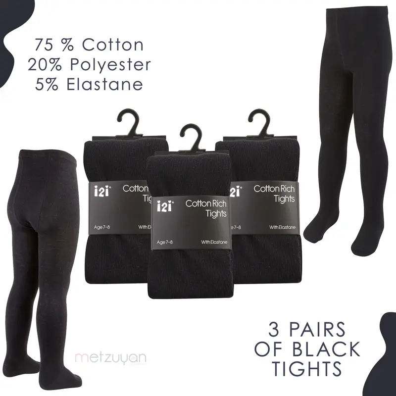 3 Pack Girls Black Tights School Tights for Girl Back To School Uniform Solid Plain Black Cotton Rich 	3 Pairs Girls Black School Uniform Tights Cotton Rich Warm Thick Stretchy Soft Warm Elasticated Waist Breathable 2 3 4 5 6 7 8 9 10 11 12 13 Years 5