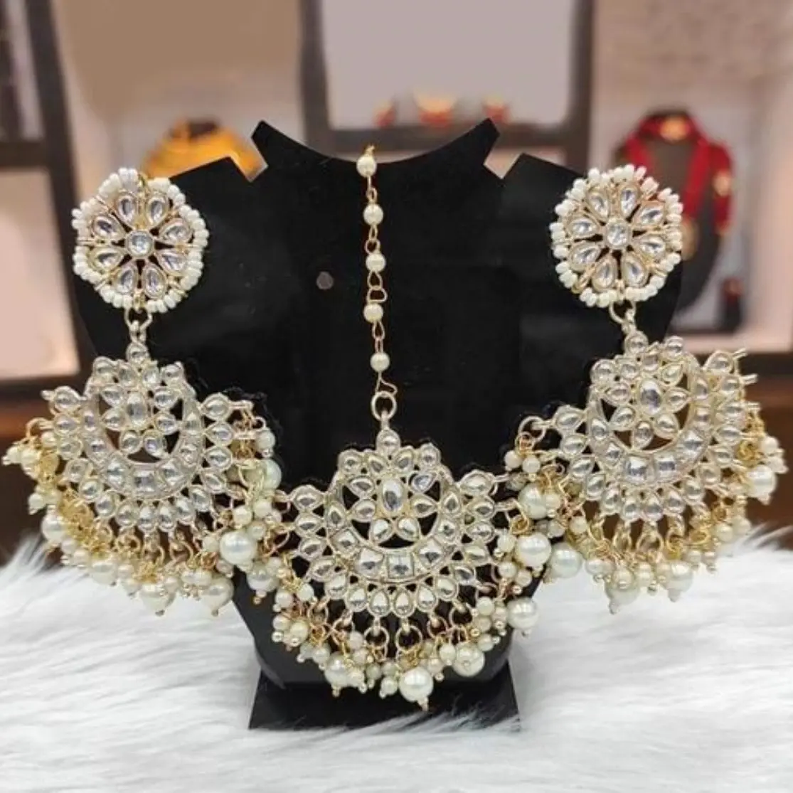 Kundan and pearls earrings with manntikka Anniversary Birthday Daily Engagement Wedding