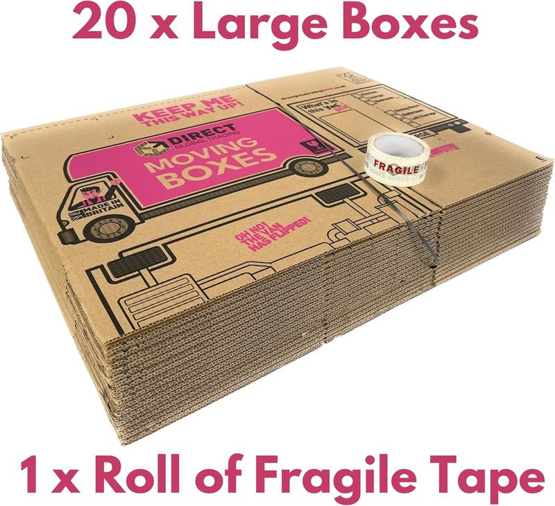 Product Introduction of 20 Strong Large Cardboard Storage Packing Moving House Boxes with Fragile Tape 52cm x 30cm x 30cm 47 Litres Carry Handles and Room List Organiser 6