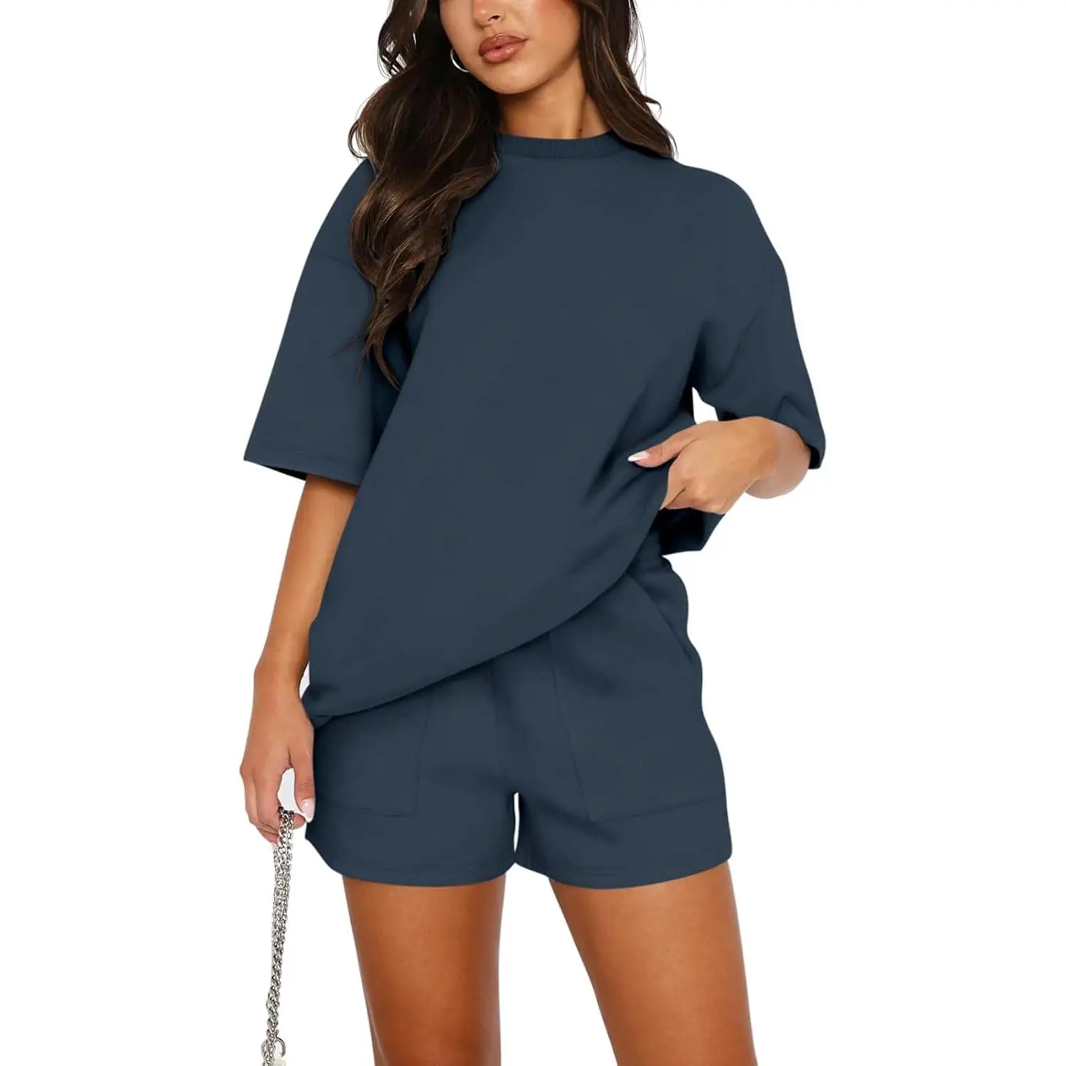 REORIA Women Cotton Short Sleeve Tracksuit Set Crew Neck Solid Color Shirt and Shorts with two Pockets two piece Outfit co ord Sets
