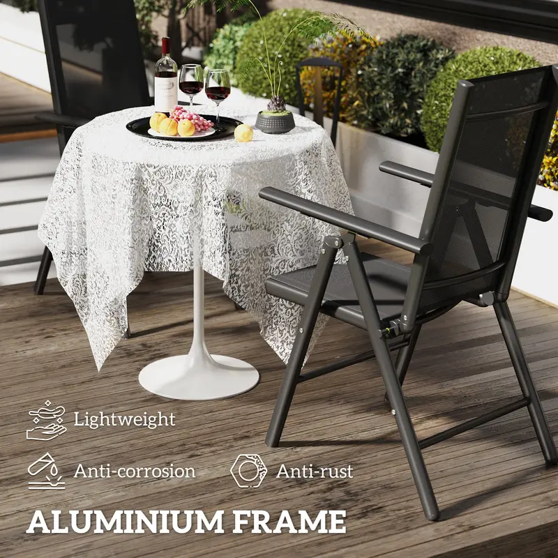 Outsunny Set of 2 Folding Chair, Aluminium Frame Outdoor Camping Chairs with Breathable Mesh Back and Seat, Garden Chair Set with Armrests for Balcony, Black 3