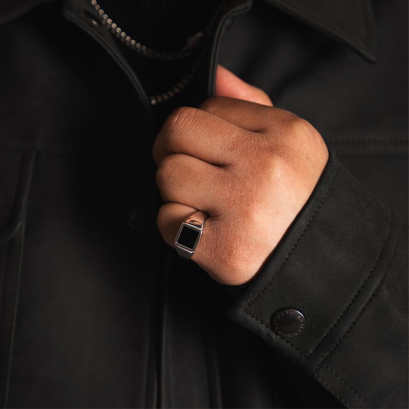 Square Onyx Ring - Silver Onyx Gemstone Signet Ring For Men 2