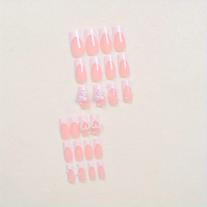 24pcs Medium and Long Square Nail Stickers Sanrio Cute Style White French Three-dimensional Cute HelloKitty 5