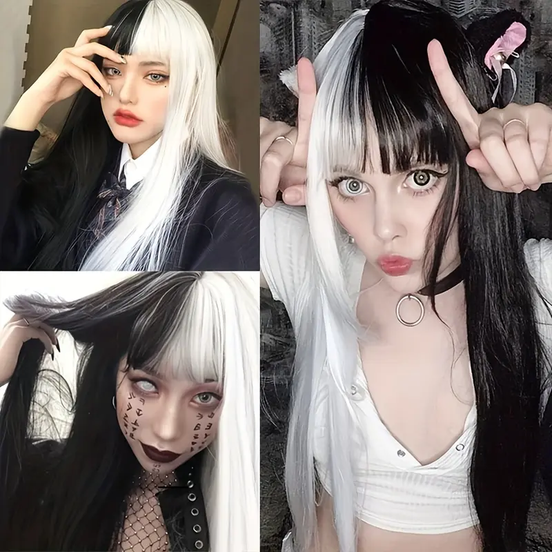 Woven Wigs Women's High Temperature Fiber 100% Straight Hair Cosplay Wig with Air Bangs, Buckle Net Cap, Full Head Coverage, Party Festival Daily Wear 7