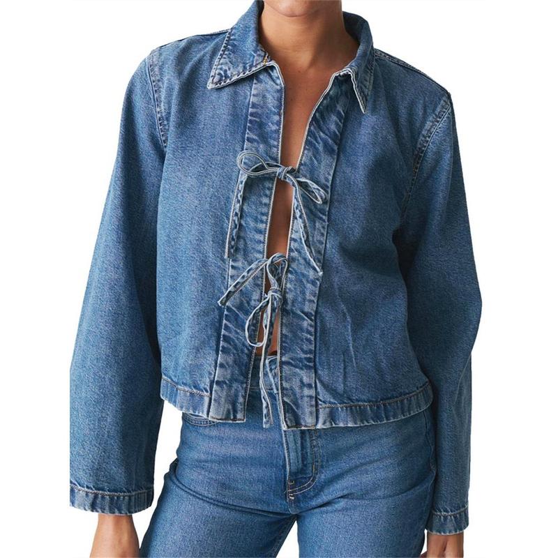 Women's Denim Tie Front Jacket Solid Color Lapel Long Sleeve Casual Cropped Coats Spring Fall Outerwear 0