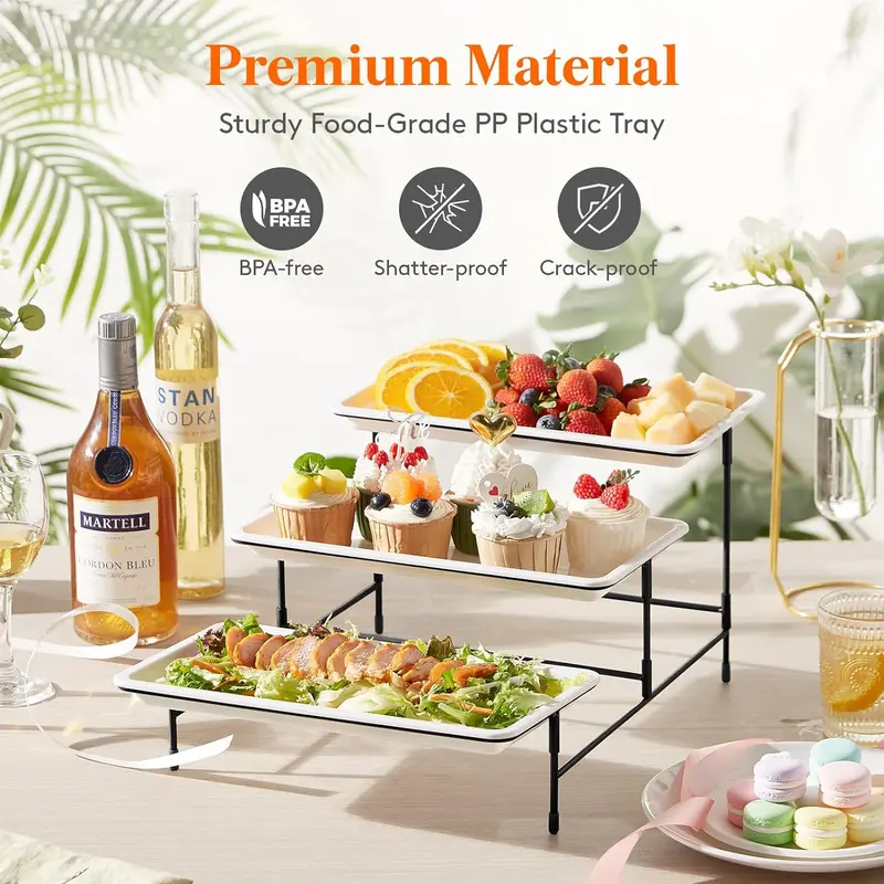 Lifewit 3 Tiered Plastic Serving Tray for Party Supplies, Platters for Serving Food, Reusable Trays with Mental Display Stand for Veggie, Fruit, Cookies, Dessert 4