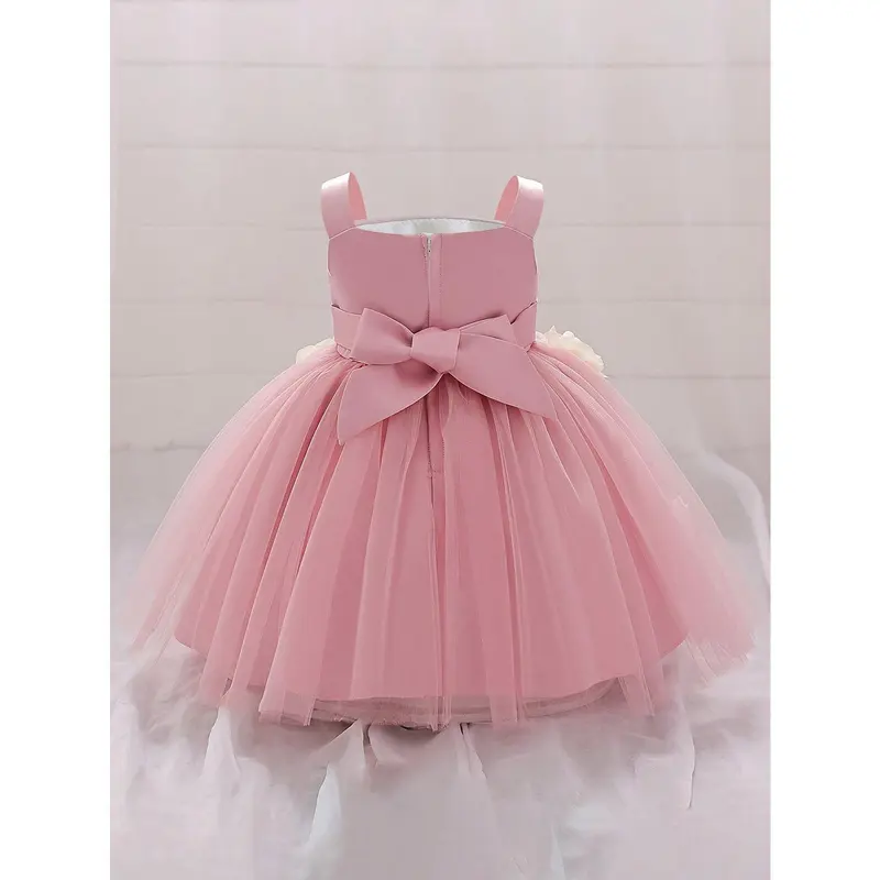 Baby Girl Wide Shoulder Floral 3D Mesh Flower Girl Wedding Party Birthday Princess Dress, Suitable For Formal Events And Outings 1