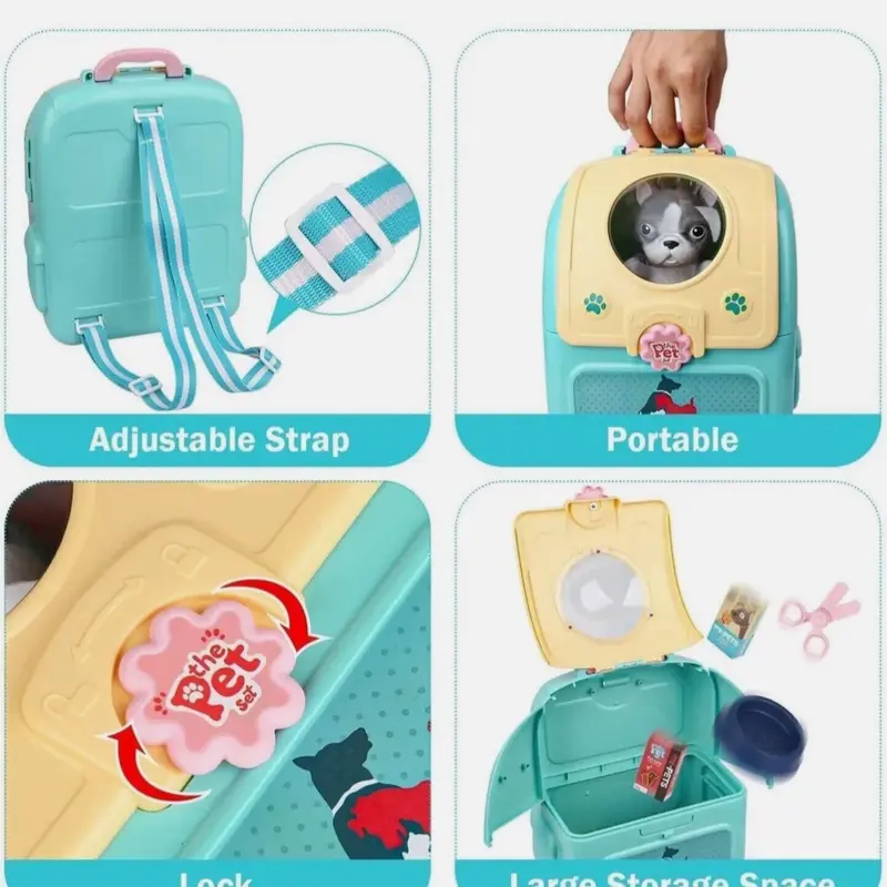 Pet, Rabbit & dog  care  or Cat Grooming Backpack Carry Case Role Pretend Play Kids Toy 3