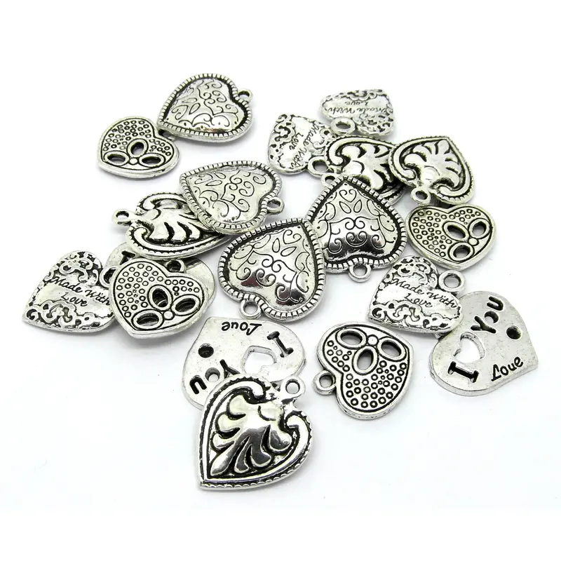 20 Mixed Valentine Heart Charms - Antique Silver Tone 1