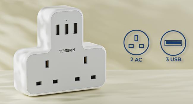 Product Introduction of Plug Adapter with 3 USB Plug, TESSAN Double Plug Adaptor Extension Plug, 2 Way Multi Plug Extension with USB Charger Plug, Slim Multiple Plug Socket UK for Kitchen, Office, School Supplies 2