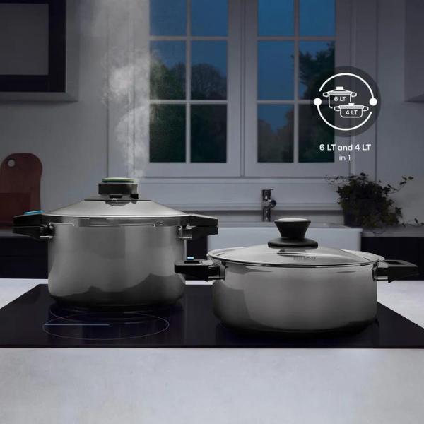 Karaca Quick and Safe Stainless Steel Induction Pressure Cooker Set, 2 Piece, 4L+6L, Black Silver Cookware Lid 3