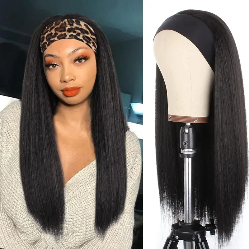 Kachanaa 22 Inch Black Yaki Headband Wig Long Natural Kinky Curly Wig Synthetic Glueless Kinky Straight Wigs for Women Daily Party (1B#) 0