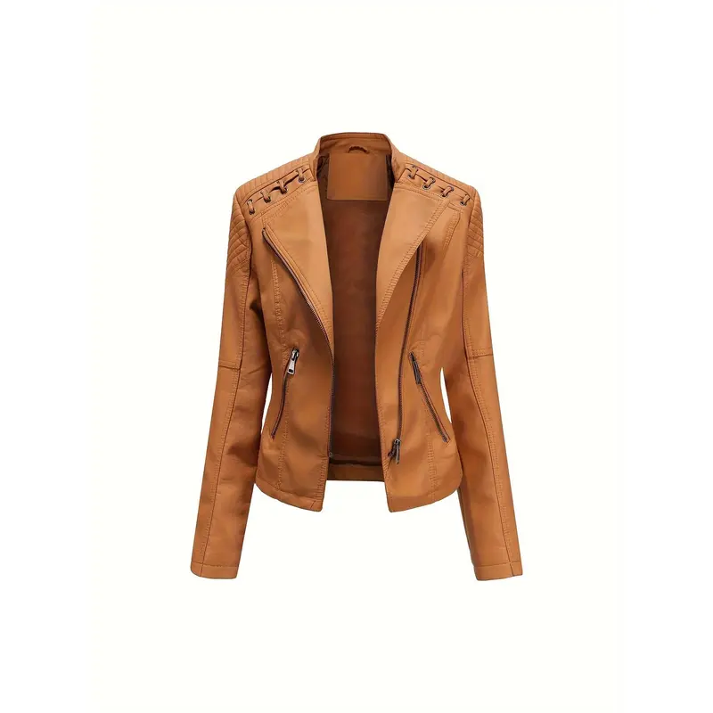 Faux Leather Zip-up Biker Jacket, Casual Long Sleeve Lace Up Lapel Jacket For Spring & Fall, Women's Clothing 2