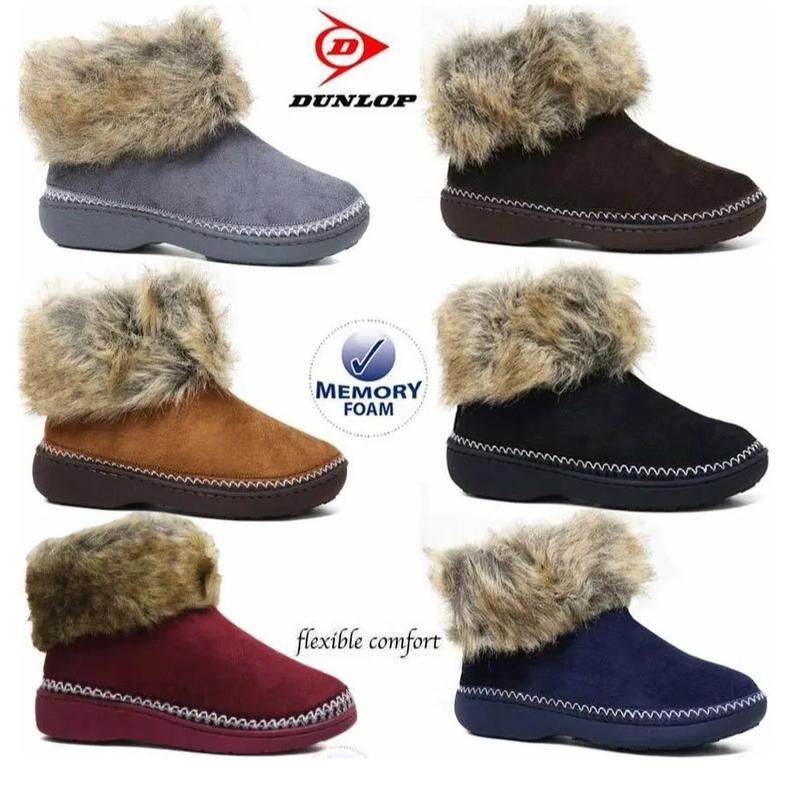LADIES SLIPPERS WOMEN DUNLOP MEMORY FOAM FUR THERMAL ANKLE BOOTS WARM SHOES SIZE 7