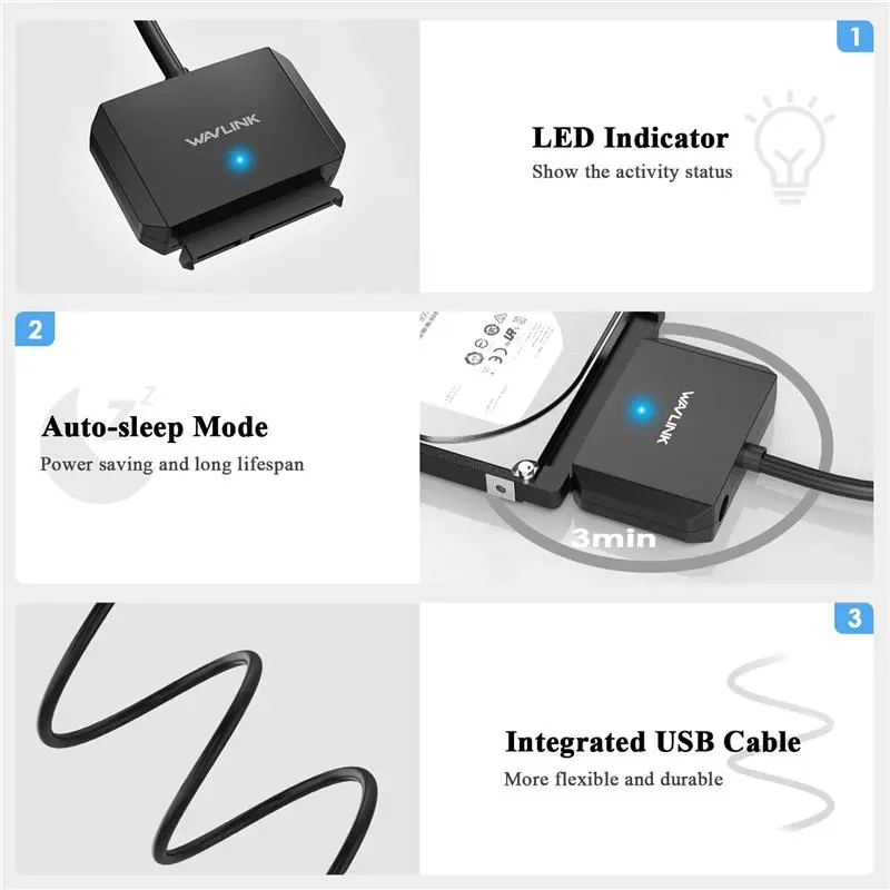 SATA III to USB 3.0 Cable Adapter, 5 Gbps USB 3.0 to SATA Adapter Converter/Connector for 3.5" HDD & 2.5" HDD/SSD with 12V2A Power Adapter, Max 18TB, UASP, TRIM, S.M.A.R.T, Auto-sleep Mode 5