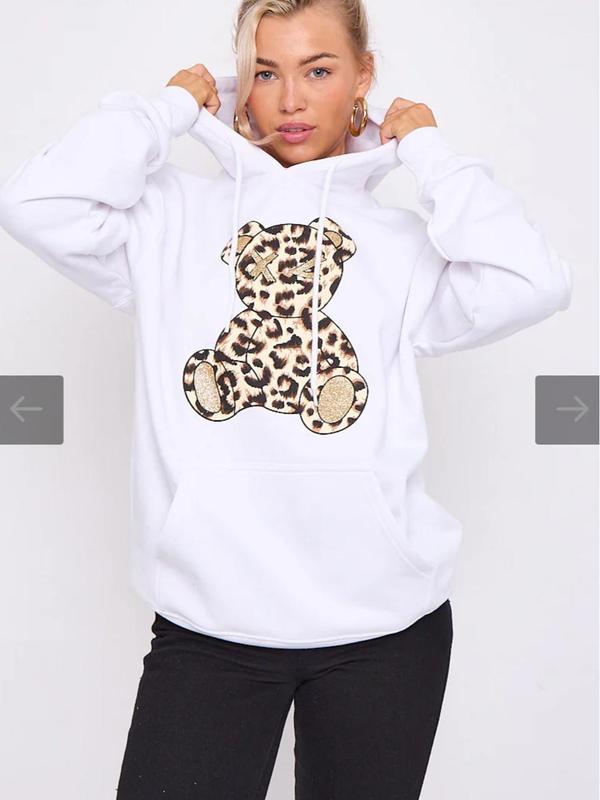 Ladies Long Sleeve Oversized Leopard Print Teddy Graphic hoodie sweatshirt Baggy jumper Dress Casual 1